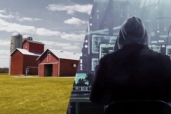 Zu sehen ist ein idylischer Bauernhof rechts und ein typischer Hacker im kapuzenpulli links