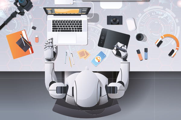 Roboter sitzt am Computer (Zeichnung)